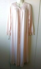 VINTAGE WOMEN'S SHADOWLINE PINK EMBROIDERED LONG NYLON ROBE WITH LACE TRIM M
