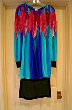 EUC VIRGINIE PARIS DRESS WOMEN'S "MEDIUM" COLORFUL BLOUSON, BLACK BOTTOM W TIE