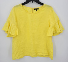 For Cynthia Top Womens Medium Yellow Linen Flutter Sleeve Semi Sheer Popover