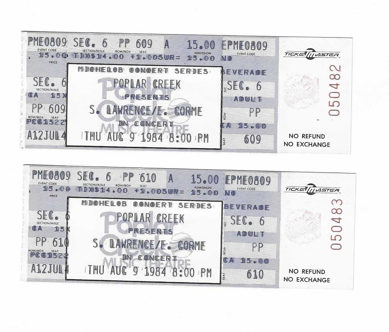 Steve Lawrence and Eydie Gormer Unused Concert Tickets From August 9, 1984