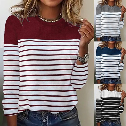 Comfy Shirt Casual Long Lady Tee T Sleeve Tops Women Striped Pullover