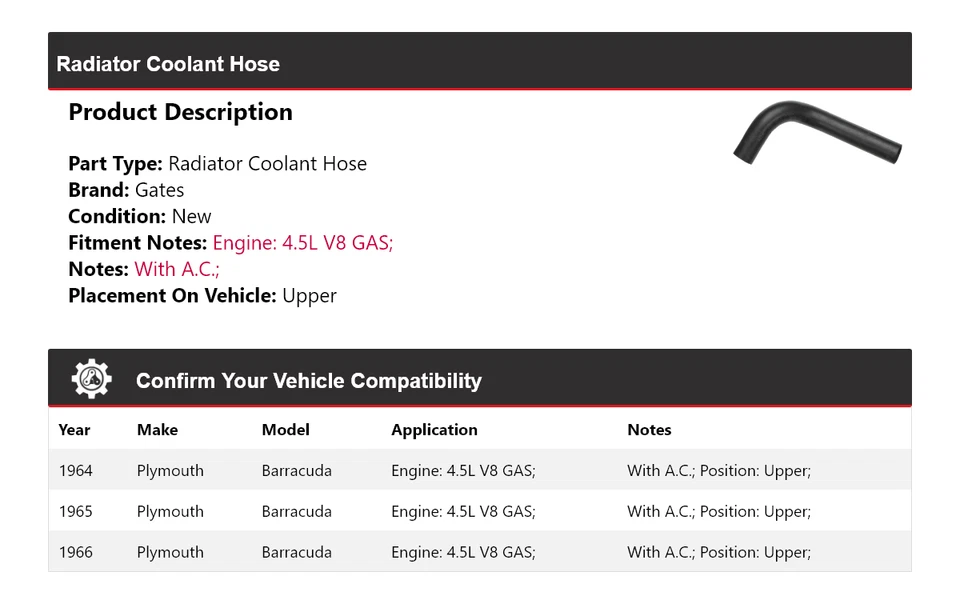 Manguera de refrigerante de radiador de gas V8 4,5 L Plymouth Barracuda 1964-1966 puertas superiores Foto 2 de 4