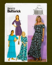 Off Shoulder Dress Sewing Pattern~Elastic Neckline! (Sizes L-XXL) Butterick 6451