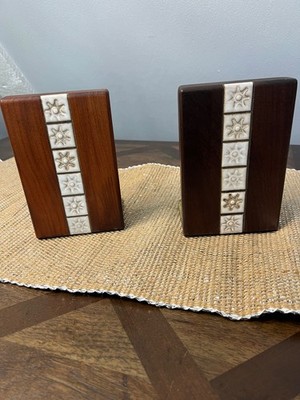 Pair of VTG Martz Walnut & Pottery Tile Bookend Marshall Studios Sun Star MCM