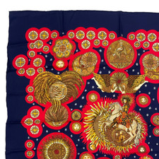 HERMES Carre 90 LE ROY SOLEIL Silk Scarf Shawl Navy Multicolor No Box Rare Used