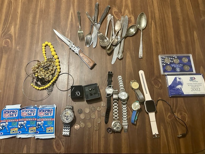 Junk Lot Vtg NFL Cards, Watches, State Quarter Set, Wheat Pennies & More