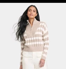 Women's Mock Turtleneck Quarter Zip Pullover Sweater - A New Day Beige Cream (M)