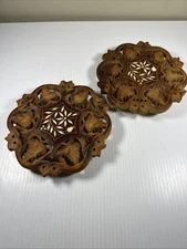 Vintage India Hand Carved Wood Trivets Maple Leaf Design Floral Bone Inlay 7”