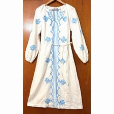 Boden White Linen Belted Midi Dress Blue Embroidery Size 8 P