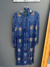 Vintage 60s Beaded Dress Sz M All-Over Sequin 100 Silk Cocktail Party Flower