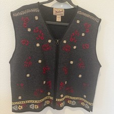 Vintage Woolrich Lambs Wool Blend Embroidered Floral Alpine Vest Winter Ski XL