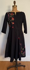eShakti Fit Flare Floral Embroidered Tea Length Dress Boho Romantic Retro SZ L