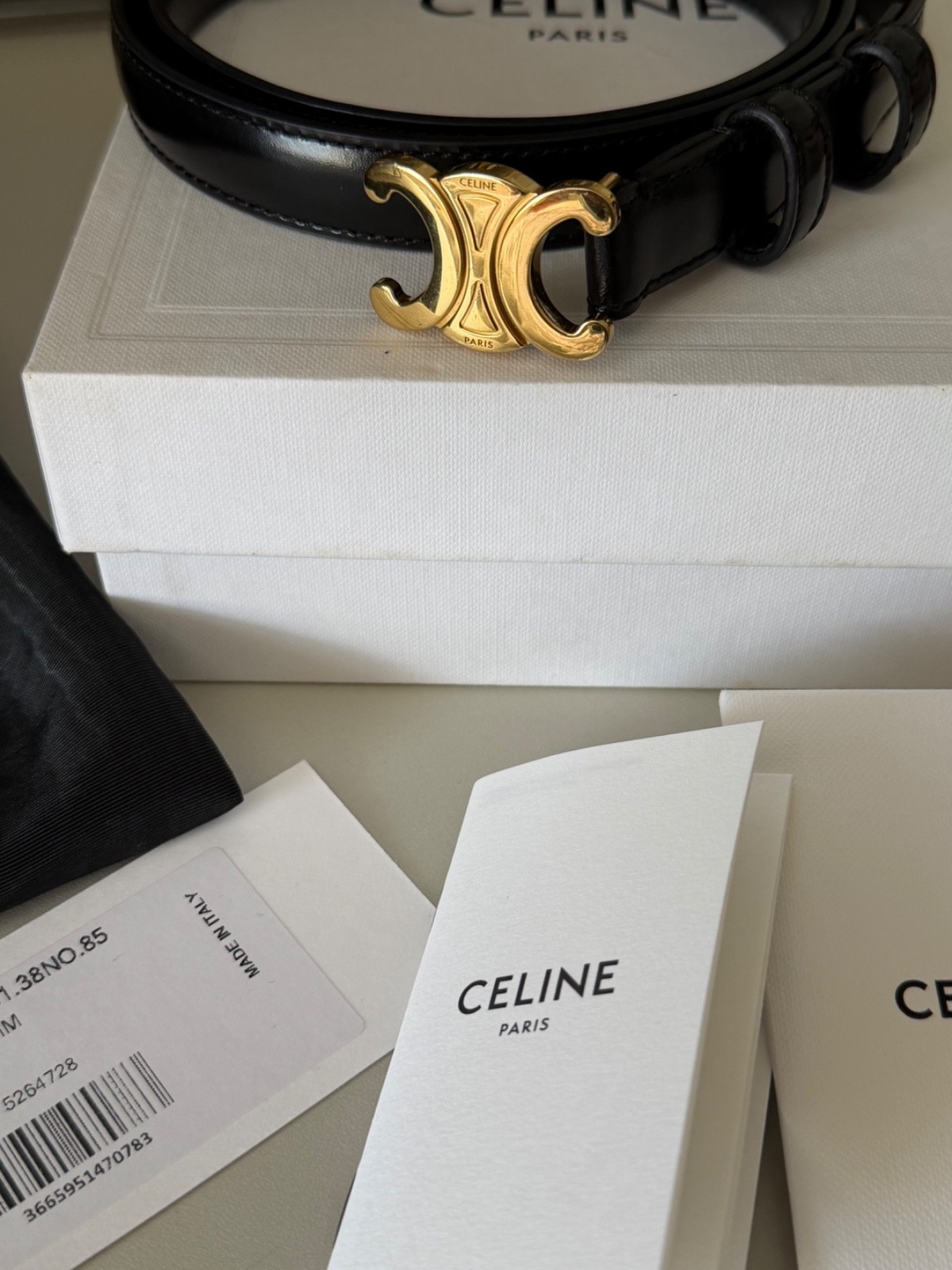 Celine Black Triomphe Belt 18mm with Tags Box and Dustbag Included