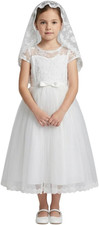 Girls White Lace First Communion Dress with Veil - Tulle Flower Girl Dress with