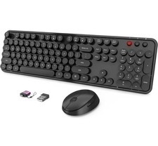 Wireless Keyboard and Mouse Combo, Ergonomic Full Size Typewriter Retro Round
