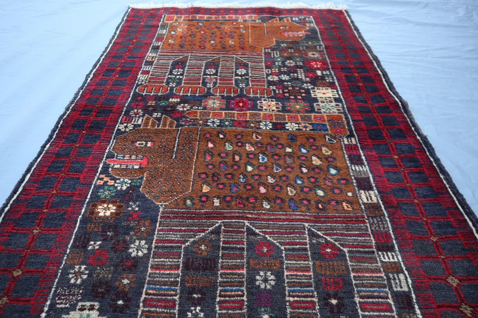 Alfombra 3x4 Vintage Afghan Baluchi Pictórica - Alfombra de Lana Rara Motivo León - Tribal Foto 4 de 4