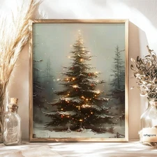 Vintage Botanical Christmas Tree Canvas Art: Holiday Wall Decor Wooden Bar Frame