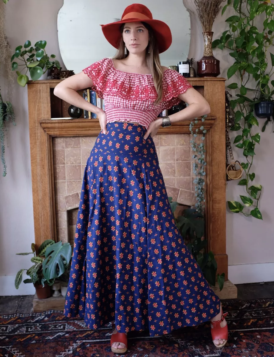 Vintage 1960s 70s Maxi Skirt Cotton Blue Red Printed UK 4 6 XS Floral High waist