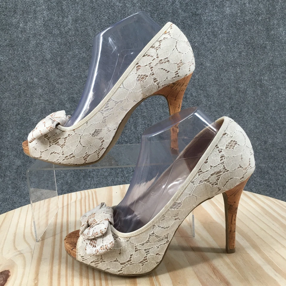 Zapatos de tacón Christian Siriano para mujer 9,5 Peep Toe informales de tela beige sin cordones Foto 2 de 4