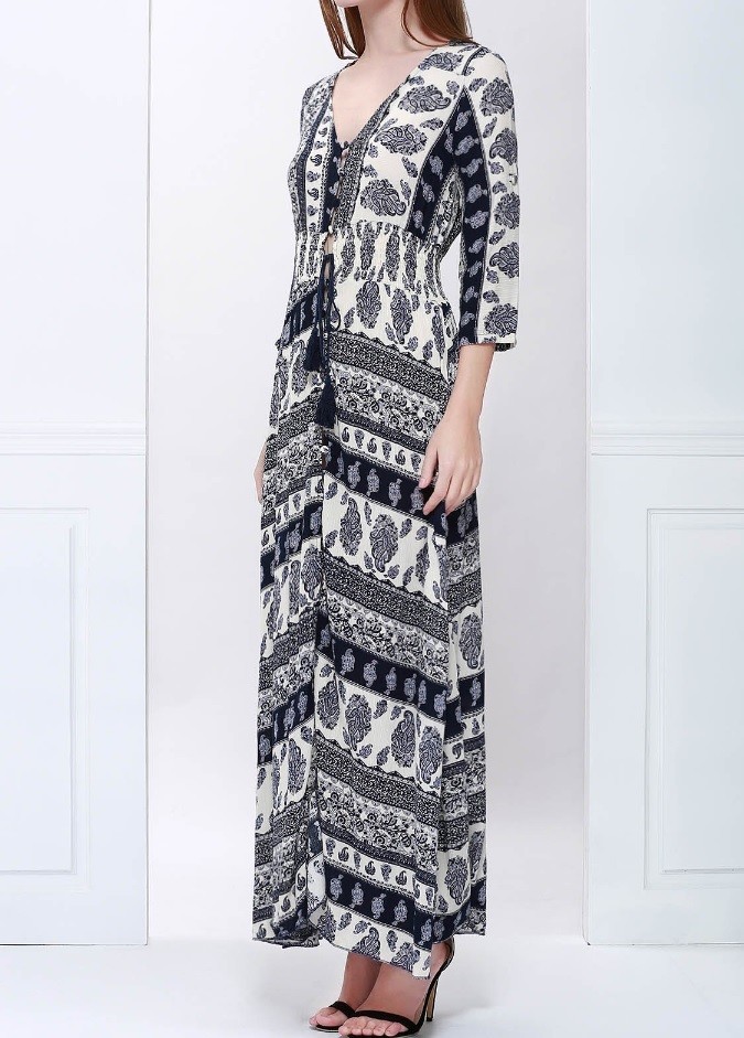 Women’s Bohemian Long Dress with Cinched Waist & 3/4 Sleeves