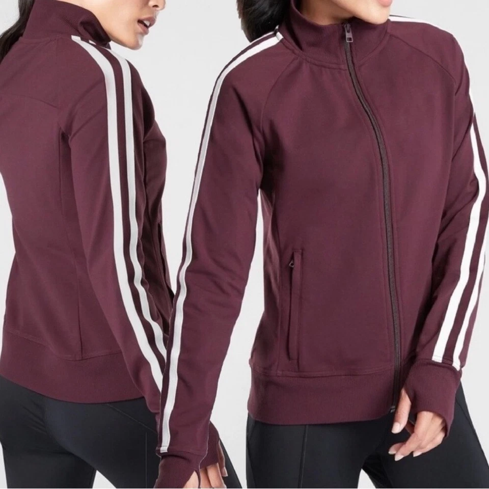 Chaqueta de Pista Athleta Circa en Borgoña con Rayas Blancas. Talla S Foto 2 de 4