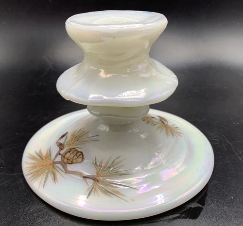 Vintage Opalescent Milk Glass Candle Holder Hand Painted Pinecone Pine Boughs