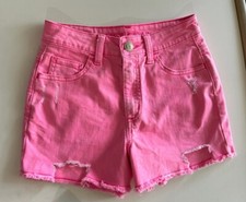 Justice Girl Sz 12 Pink Jean Shorts Denim Hi Rise, Distress, Frayed Cut Out Hem