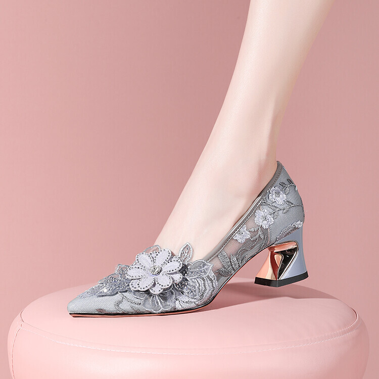 Mesh Floral Block Heels Closed Toe Women's 2023 Fashion