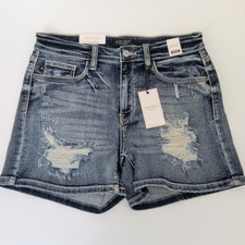 Judy Blue Womens Distressed Stretch Denim Shorts L Faded Wash Blue Tummy Control