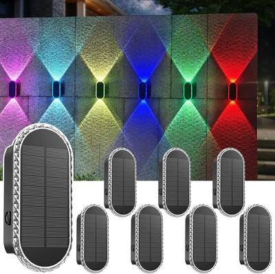 8PK Solar Fence Lights - 3 Modes Warm White & RGB, Waterproof Outdoor Lighting