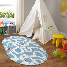 Blue 3'x5' Non-Slip Kids Play Rug, Machine Washable Road Mat for Playroom, To...