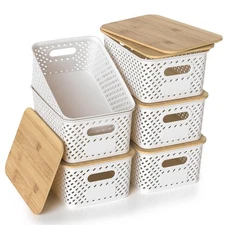 Plastic Storage Bins with Bamboo Lids, Stackable Small Box Baskets for Organi...