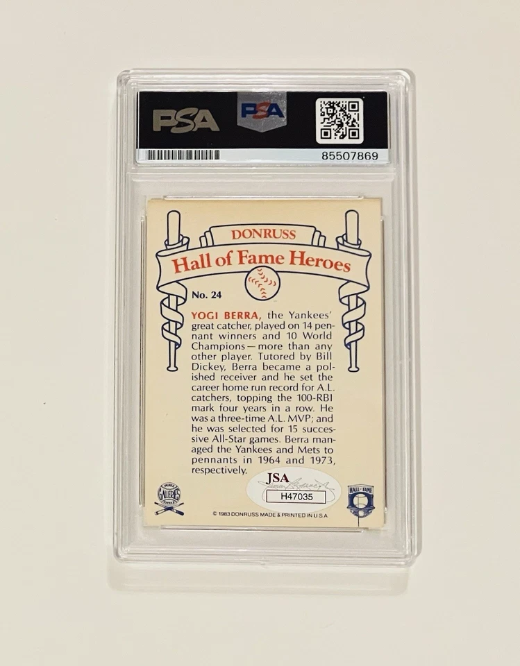 Yogi Berra Autografiado 1983 Donruss Salón de la Fama Héroes #24 Certificado de Autenticidad JSA Pequeña Mancha Foto 2 de 4