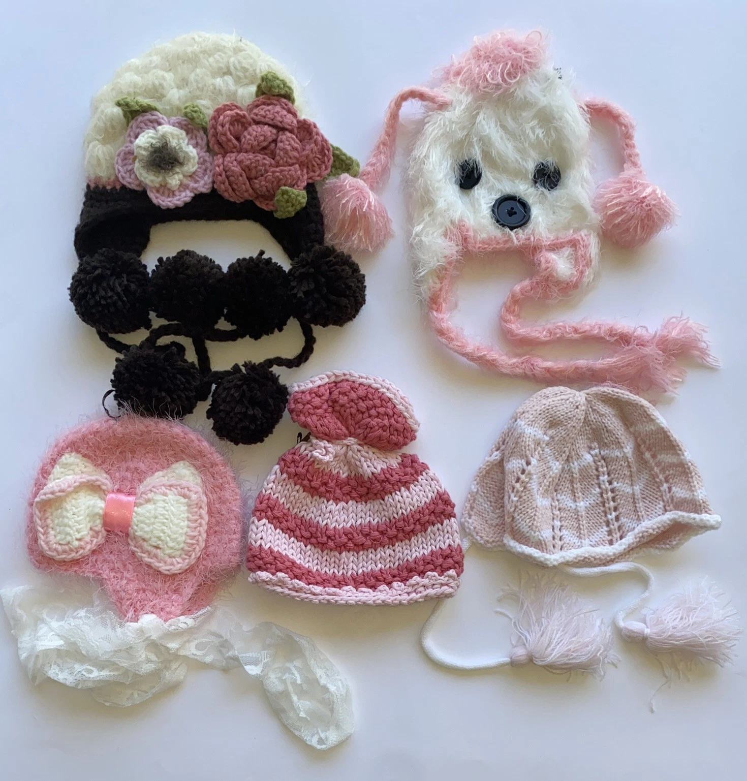 Lot Of 5 Baby Girl Hat Beanie 0- 6 Months, Pink, White, Brown ,NEW!
