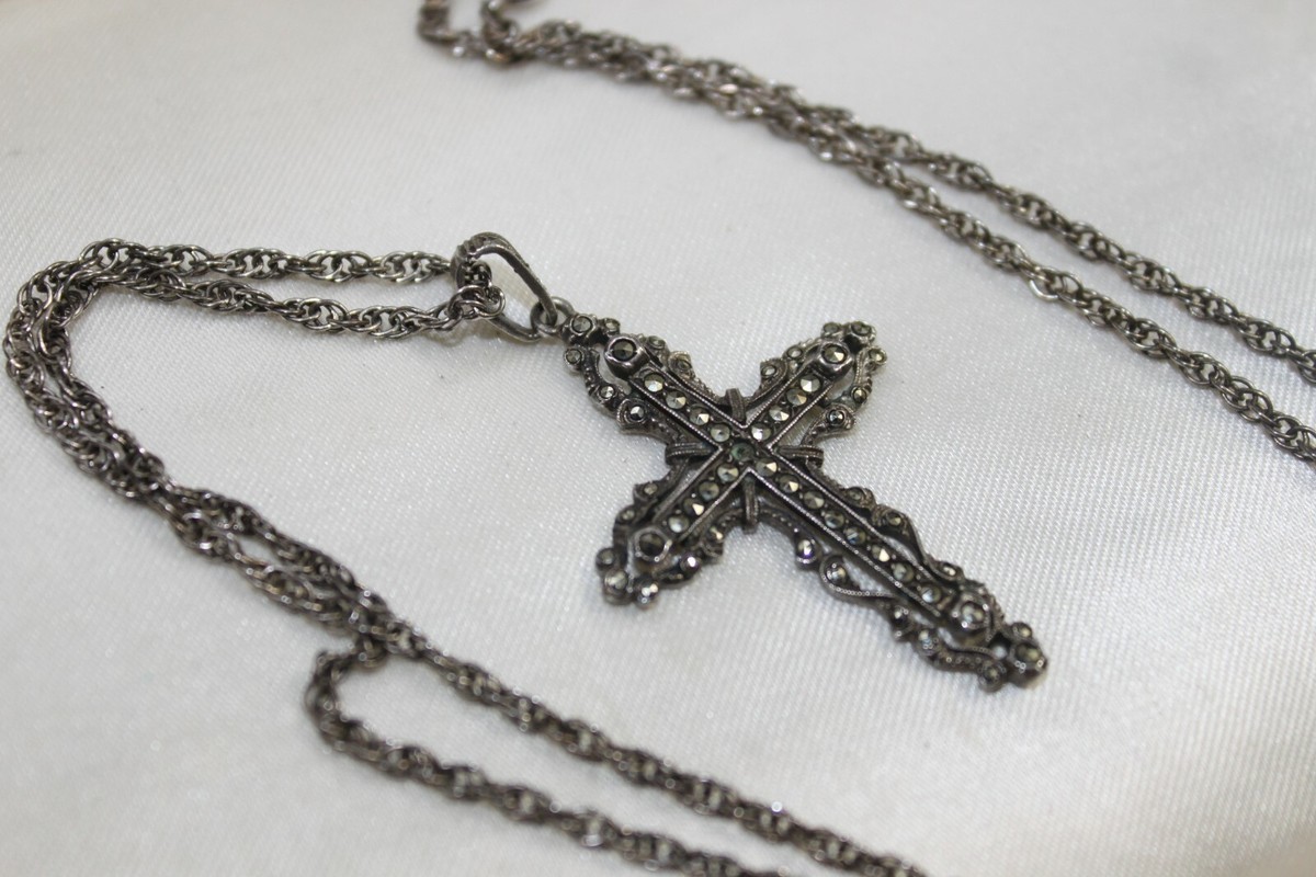 Ornate ART NOUVEAU Sterling Silver Marcasite Cross Pendant 