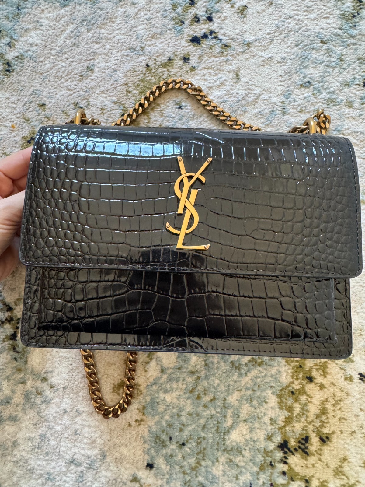 SAINT LAURENT borsa ysl sunset media nera in pelle di coccodrillo goffrata tracolla borsa a tracolla