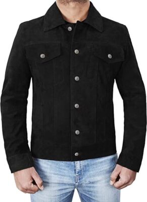 Men's Real Suede Leather Black Trucker Jacket Fashion Moto Biker Buttoned Jacket