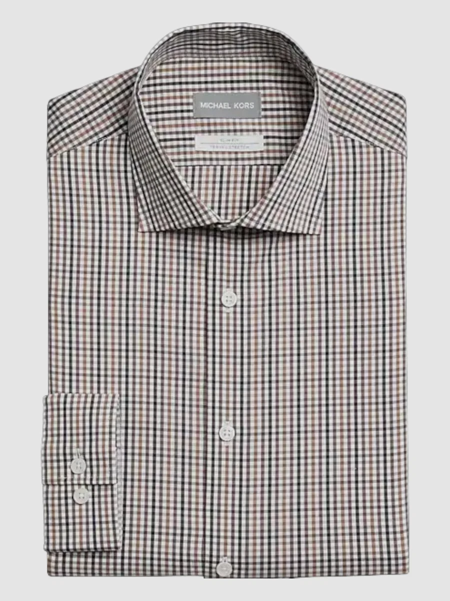 85 Michael Kors Mens Slim Fit Brown Check Travel Stretch Dress Shirt 15 34 35