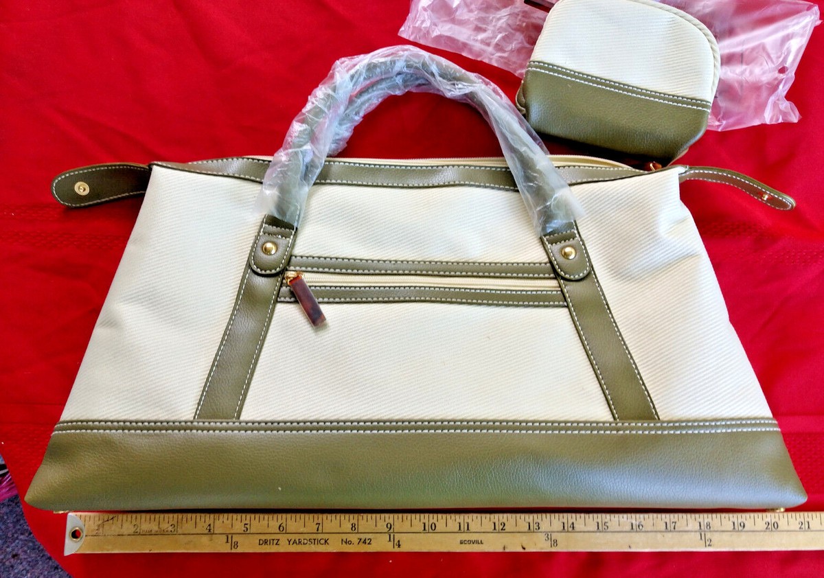 Estee Lauder Handbag Women Set Tote Makeup Pouch PVC/Cotton Olive  Green/Cream