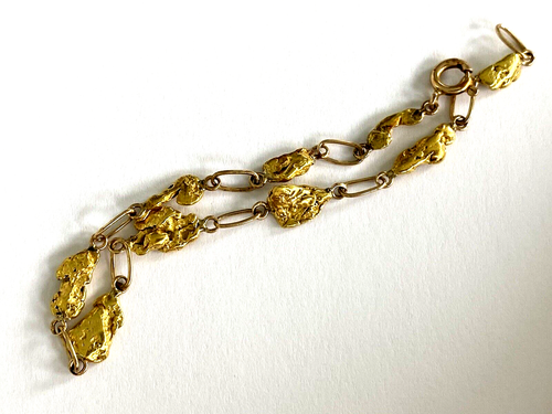 14Kt 585 Solid Yellow Gold Unique Ladies 9 Pure Gold Nugget Link Bracelet 7” - Picture 8 of 13