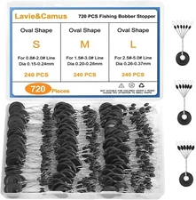 720 PCS Fishing Bobber Stopper Oval Floats Sinker Stops 6 in 1 Black Rubber Size