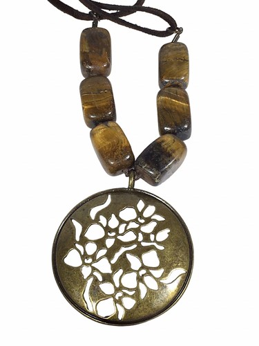 Tiger Eye Block Beads & Brass Emblem Chunky Pendent w/ Earrings Set Vintage - Picture 2 of 7