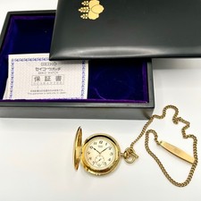 SEIKO Quartz Pocket Watch Gold-Tone with chain Box and Paper Running 7N07
