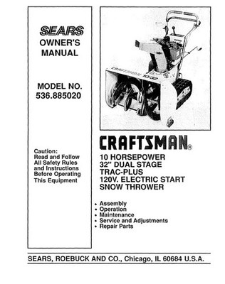 Owner s Manual Sears Craftsman 10.0 HP 32  Snow Thrower Blower -Model 536.885020