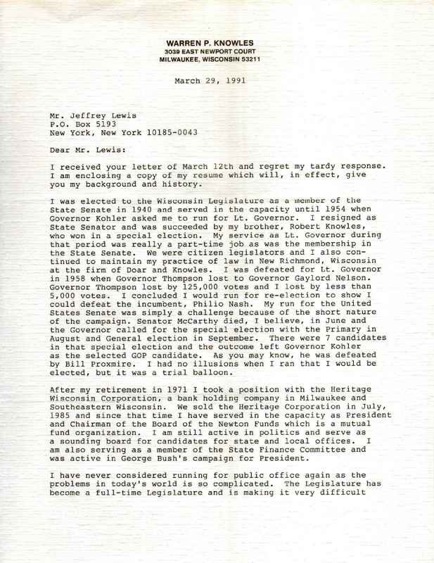 WARREN KNOWLES (+1993) - Governor of Wisconsin (65-71) - Autograph Letter