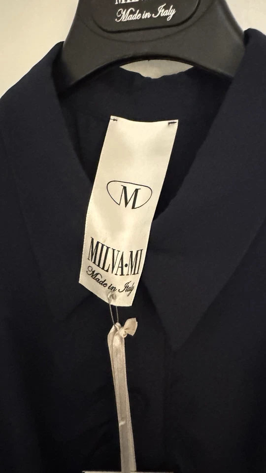 Vestido Camisa MILVA-MI ITALY Largo Completo Azul Marino Plisado Satén Botones Corbata Cintura 42 Foto 3 de 4