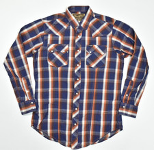 Wrangler Retro Men Medium Plaid Pearl Snap Western Shirt Blue Orange Long Sleeve