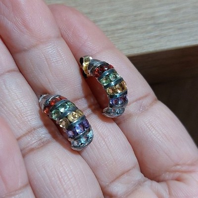 Vintage Sterling Silver Multi Gemstones Open Hoop Earrings UTC 925 Thailand