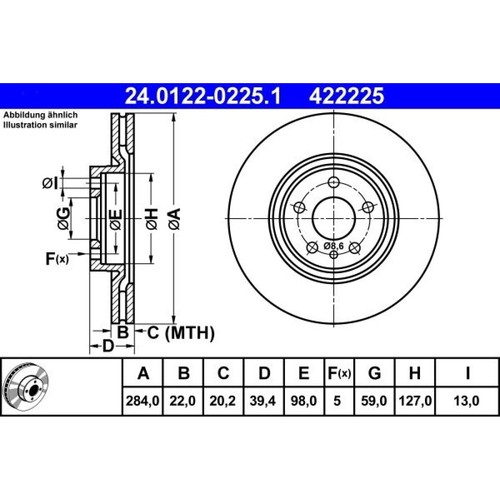 Disco Freno ATE 24.0122-0286.1 Per Fiat 500L - Dimensioni 284 Mm X 22 Mm, Altezza 43,5 Mm, Diametro Centro 127 Mm, Coppia Di Dischi
