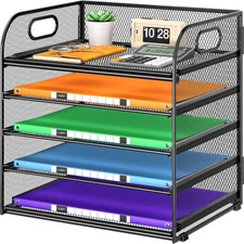 5 Tier Paper Organizer with Handle, Metal Mesh Desk Organizer File Folder Paper 